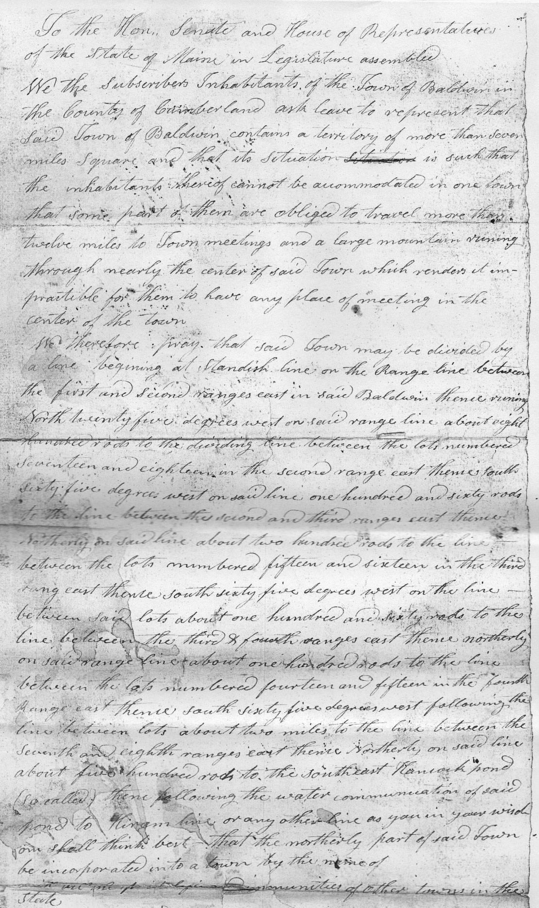 The petition to separate from Baldwin and form the town of Sebago